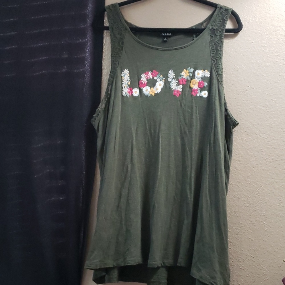 Olive green floral love tank top